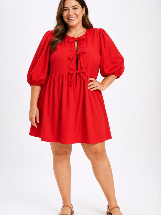 Band Of The Free Dresses & Skirts - Band of the Free Red Cotton Babydoll Dress NWT Puff Sleeve Tie Front Pockets